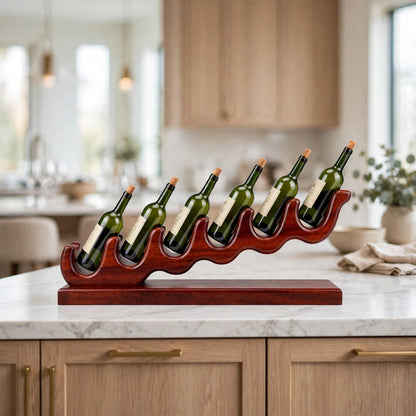 Rustic Mahogany Wine Rack, Handcrafted 6 Bottle Wave Design Wood Holder